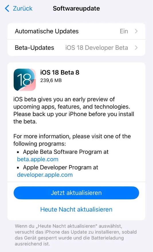 宁夏苹果手机维修分享苹果 iOS / iPadOS 18 开发者预览版 Beta 8 发布 